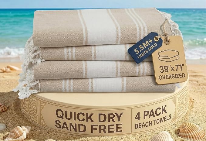 LANE LINEN Beach Towel 4 Pack, Oversized Beach Towels for Adults - Beige | Lightweight Travel Beach Towels - Pre-Washed for Soft Hand Feel - 39"x71", Vacation Essential - Machine Washable, Gym & Yoga