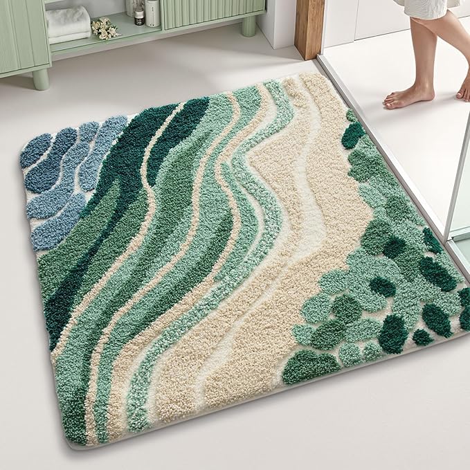 LUMI Beach Bathroom Rug Square, Non Slip Bath Mat Quick Dry, Ultra Soft Washable Absorbent, Ocean Sea Theme Bath Rug for Shower Floor, Home Decor, Kids Room, Bathtub, 26"x26"