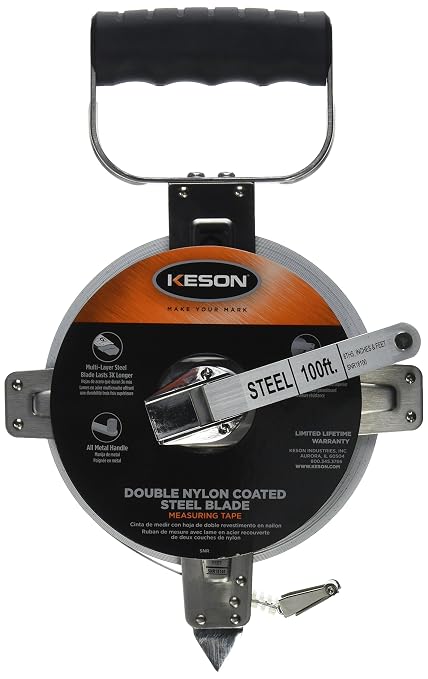 Keson SNR18100 Nylon-Reinforced Steel Blade Tape Measure, Stainless Steel Housing with Hook End (Graduations: ft., in., 1/8), 100-Foot