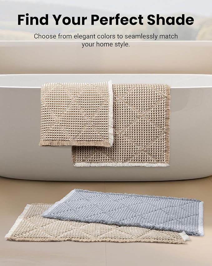 Furicher Waffle Bath Mat Set, Non Slip Bathroom Rugs Sets 2 Piece, Ultra Absorbent Long Bath Rug Runner for Bathroom Decor, Machine Washable Boho Mats, Grey & White, 20"×47" Plus 18"×30"
