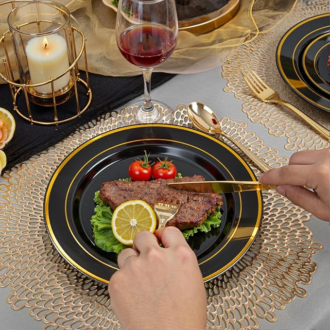 WDF Partyware 175PCS Black and Gold Plates - Black Disposable Plates for Party - 25Guests Disposable Dinnerware Set for Wedding/Party/Birthday/Halloween