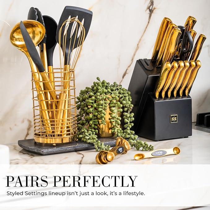 Styled Settings Black and Gold Kitchen Utensils Set – 15-Piece Cooking Set Includes Black Silicone Utensils, Gold Utensil Holder, and Magnetic Measuring Spoons – Stylish Kitchen Accessories