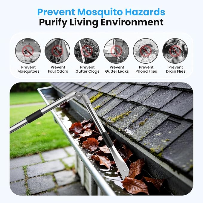 12 FT Gutter Cleaning Tools from Ground, with Shovel & Brush for Outdoor | Includes a 180° Adjustable Turning Head, Anti-slip Keel Belt, No Ladder Needed, Multi-purpose, Made of Stainless Steel.
