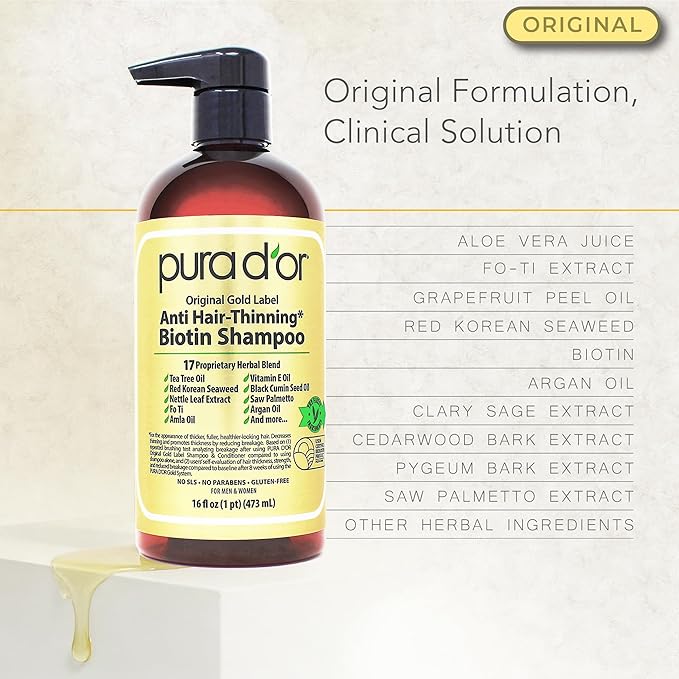 PURA D'OR Anti-Thinning Biotin Shampoo and Conditioner, CLINICALLY TESTED Effective Results, Herbal Blend Thickening Products For Women & Men, Original Gold Label Set, Natural Earthy Scent, 16oz x2 | Deep Moisturizing