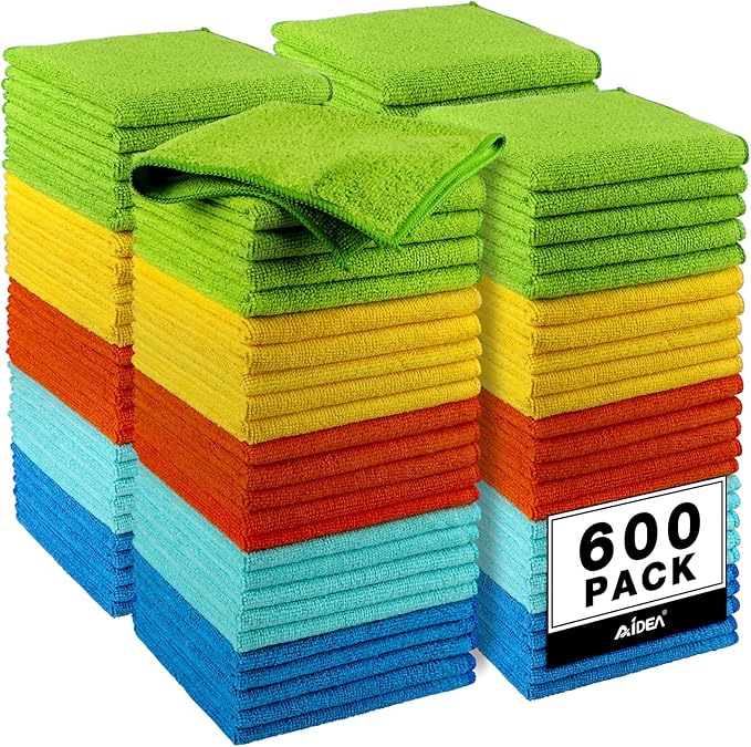 AIDEA Microfiber Cleaning Cloth, 600PK, Microfiber Towels for Cars, Shop Towels Cleaning Rags, Premium Wash Cloths, Absorbent Towel for SUVs, House, Kitchen, Commercial, Cleaning Supplies 12×12"