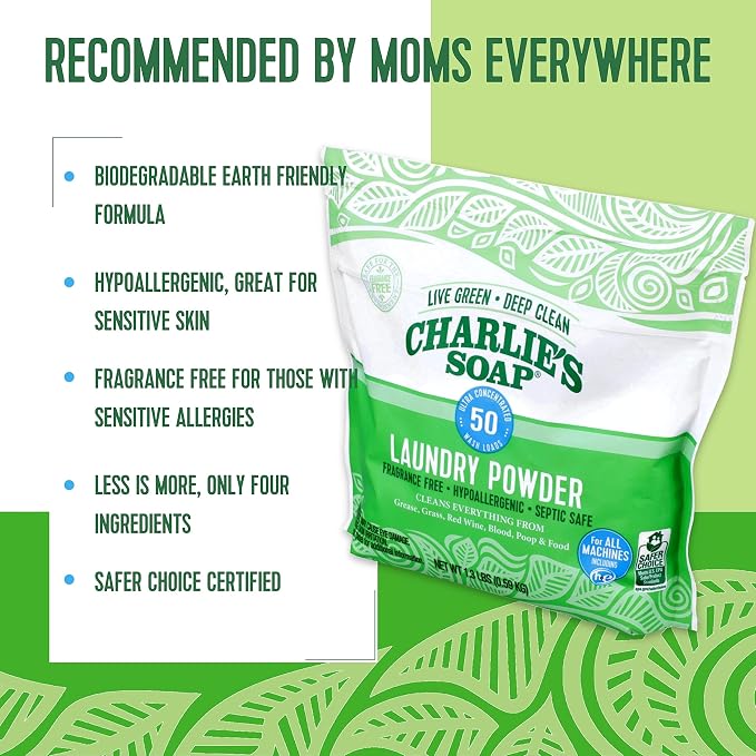 Charlie's Soap Unscented Laundry Powder, 300 Loads | Concentrated Detergent for Standard & HE Washers (Six 50-load Bags, 300 Total Loads)