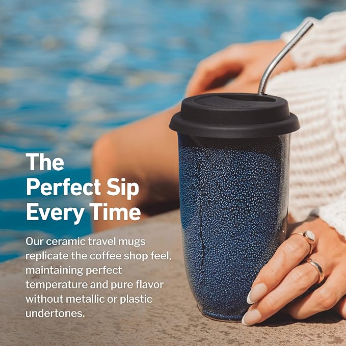 NOVA CERAMICS Travel Mug - Ceramic Travel Mug With Lid – Travel Coffee Mug Unique To Go Coffee Cup – Microwave & Dishwasher Safe Coffee Tumbler - Gifts For Women Men Him Her – 12oz - Abyss