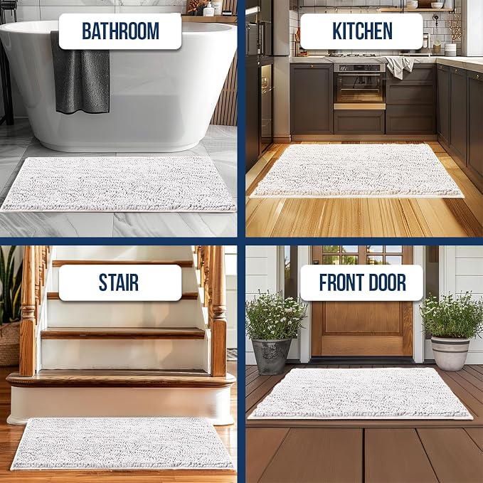 Muddy Mat® | Chenille Bathroom Rugs Quick Dry Microfiber Mats Non Slip Washable, Extra Thick, Soft and Highly Absorbent Bath Mats for Bathroom, Kitchen, and Shower Floor - White 24"x59"