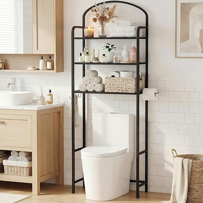 Over The Toilet Storage Rack - 3 Tier Bathroom Organizer with 4 Hooks & Paper Holder - Space Saving Metal Shelf for Bathroom - Black Toilet Storage