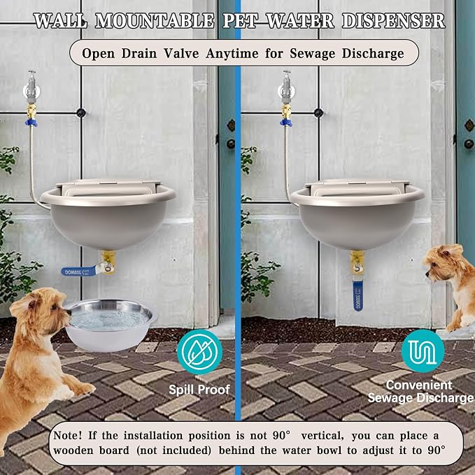 Automatic Dog Water Dispenser with Drain Hole & Drain Valve, Stainless Steel Auto Dog Water Bowl with 2 Float Valves, Hose Quick Connect Fitting, for Livestock, Chicken, Horse (1 Gallon)