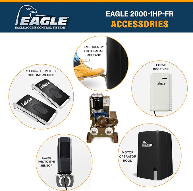 Commercial Sliding Gate Opener Eagle-2000 FR 1/2 Horse Power Motorize Slide Gate Operator for Large 45’ feet Gates or 1000lbs Weight Capacity with 2 Wireless Remotes, 1 Receiver, and Photo Eye.
