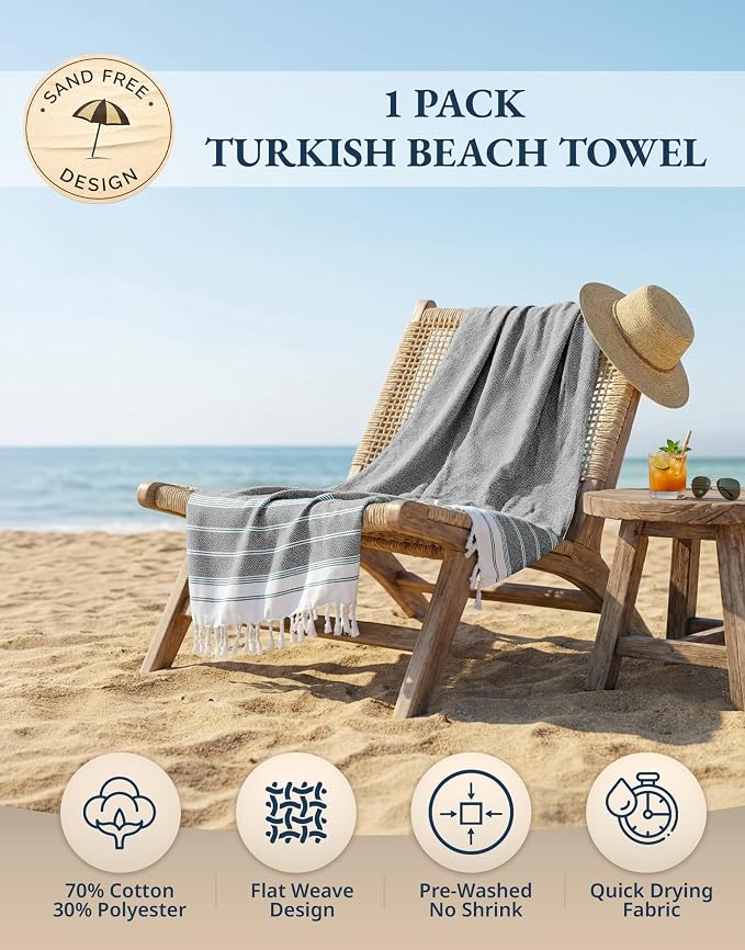 LANE LINEN Beach Towel, Oversized Beach Towel 39"x71", Travel Towel - Ebony | Lightweight Beach Essentials for Women - Absorbent & Quick Dry - Vacation Essential, Travel & Camping, Machine Washable