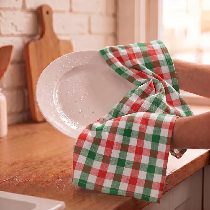 Urban Villa Christmas Kitchen Towels 100% Cotton Dish Towels for Kitchen (Set of 6) 20”x30” Dish Cloths Absorbent Kitchen Linen Set with Hanging Loop Perfect for Drying Dishes Cleaning – X MAS Checks