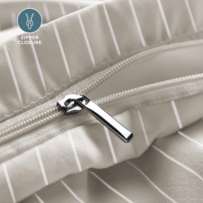 Bare Home Bedding Duvet Cover Extra Long Size - Premium 1800 Super Soft Collection - Lightweight, Cooling - Soft Textured (Twin/Twin XL, Pinstripe - Stone/White)