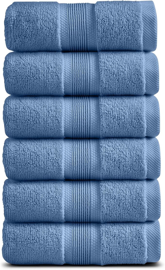 Springtree Home Luxury Bamboo Rayon Hand Towel Set | 6-Pack | Med Blue | 35% Bamboo Rayon - 65% Zero Twist Cotton | Absorbent Quick-Dry Towels for Bathroom | Ultra Soft | OEKO-TEX Standard 100