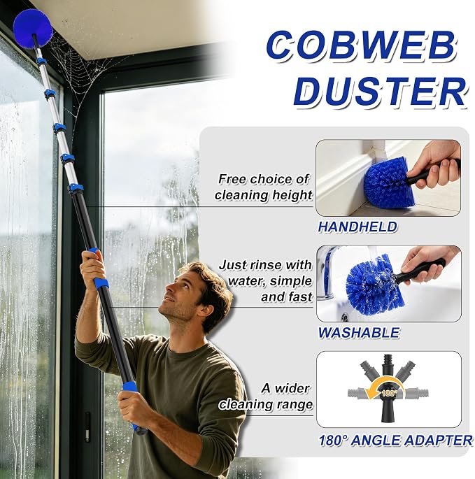 Buyplus 30FT Reach Solar Panel Cleaning Brush Kit with 5-24FT Telescoping Pole, Water Fed Window Cleaner Tool with 20" Brush, Soap Dispenser, Cobweb Duster, Squeegee for Roof, RV, Gutter, Deck, Blue
