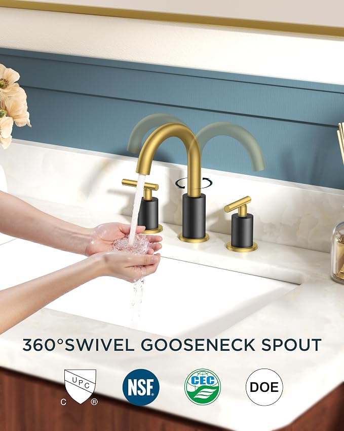 FORIOUS Black and Gold Bathroom Faucet 3 Hole with Pop Up Drain and 24 in Supply Line, 2 Handle Modern Bathroom Vanity Faucet Widespread 8 inch with 360 Degree Swivel Gooseneck, for 6" to 12" Basin