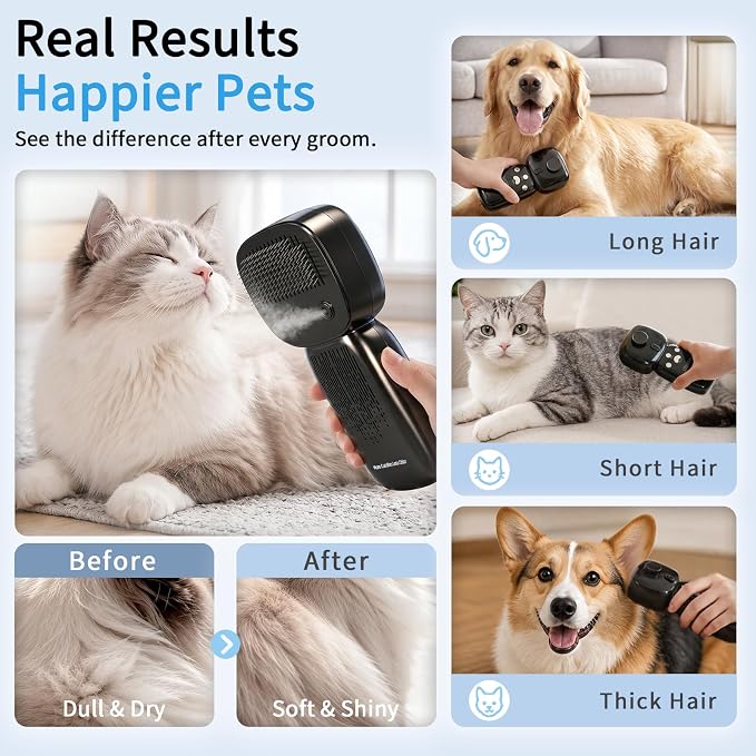 Cold Plasma Pet Grooming Brush for Dogs & Cats, Fine Mist Deshedding Comb Helps Reduce Odor & Loose Hair, Rechargeable Self-Cleaning Brush, Includes Waterless Shampoo
