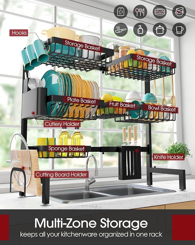 Sakugi Over The Sink Dish Drying Rack - Adjustable 3 Tier XX-Large Capacity Stainless Steel Drainer with Cutlery & Utensil Holders, Kitchen Storage & Organization, 31.5"-39.5"L x 12"W x 30.5"H, Black