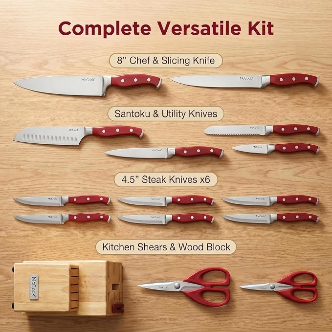 McCook Knife Set Red Kitchen Knife Block Set w Built-in Sharpener | German Forged Stainless Steel,15 PC,Razor Sharp, Anti-Rust,Ergonomic Handle,Full Tang,Vibrant Red, Gift Box