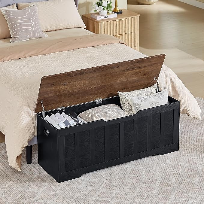 VANKILEY 47.2" Storage Chest Extra Large,Storage Trunk with 2 Safety Hinges,Wooden Storage Bench,Shoe Bench,47.2x15.7x19.1 Inch,Easy Assembly,Storage Bench for Bedroom,Living Room,entryway(Black+Brown