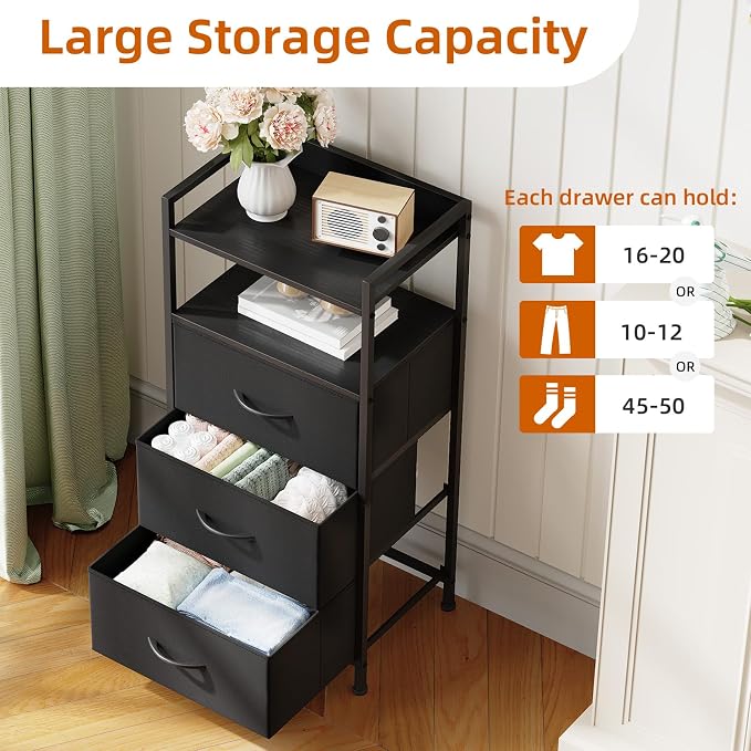 Somdot Nightstand with 3 Drawers, Dresser with Fabric Bins for Bedroom, Hallway, Entryway, Night Stand Bedside Table Furniture, Sturdy Steel Frame, Wooden Top, Easy Pull Fabric Bins, Black