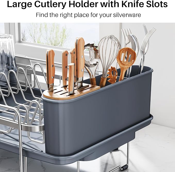 SNTD Dish Drying Rack - Large Dish Racks for Kitchen Counter, Expandable Dish Drainers with Cutlery Holder Stainless Steel Rustproof (Silver)