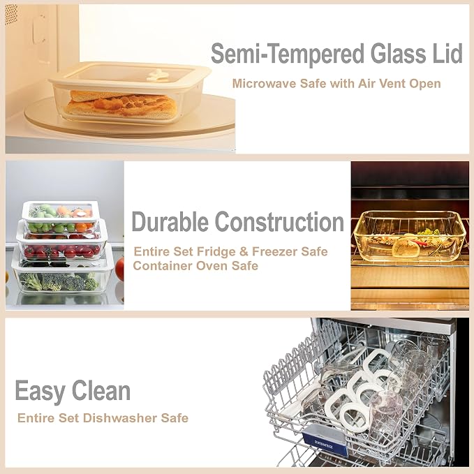 Glass Food Container Set with Glass Lid, 6 Pack, Food Storage Containers Set, Airtight, LeakProof, Micowave Safe, 100% Plastic Free, Meal Prep Containers (White Color)