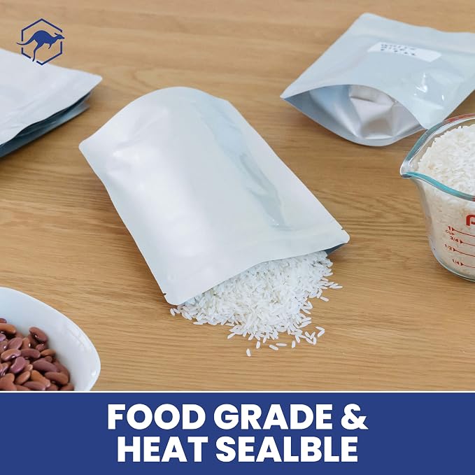 Wallaby 50 Count 1-Pint Gusset Mylar Bags with Labels, 11 Mil Total Thickness Long-Term Food Storage Pouches, 8x6 Stand-Up Zipper Heat-Sealable Airtight Packaging - Silver