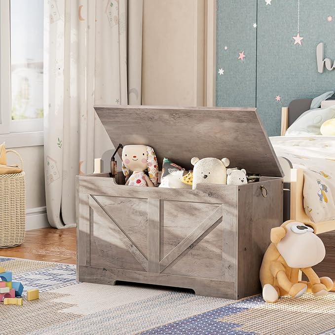 HOOBRO Storage Bench, 29.5” Retro Wooden Storage Chest with U-Shaped Cut-Out Pull, Safety Hinge, Supports 220 lb and Easy Assembly for Toy Box Organizer (Greige) BG77CW01G1