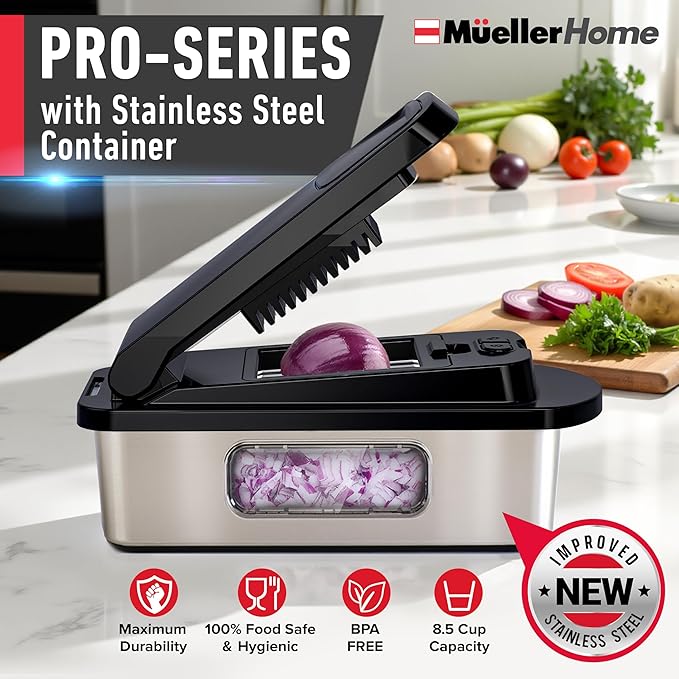 MUELLER HOME Pro-Series 10-in-1, 8 Blade Stainless Steel Multi Vegetable Chopper And Mandoline Slicer, Kitchen Tools and Gadgets, Food and Veggie Chopper, Mincer, Dicer, French Fry Cutter, Black