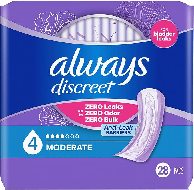 Always Discreet Adult Incontinence Pads for Women, Moderate Absorbency, Regular Length, Postpartum Pads, Up to 100% Bladder Leak Protection, 28 Count