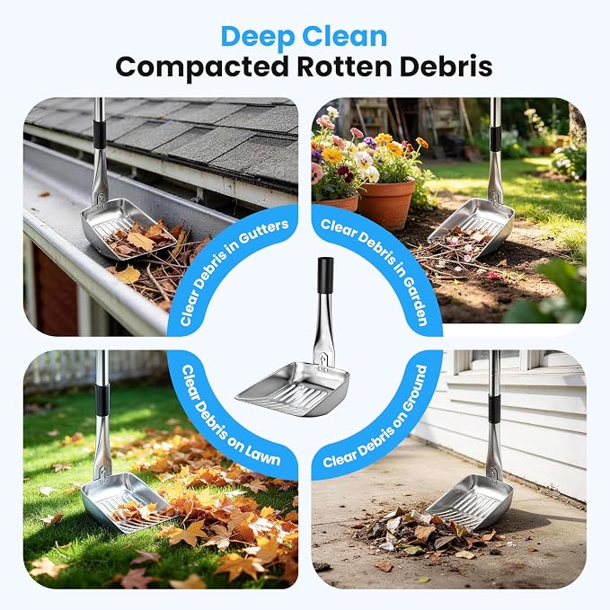 12 FT Gutter Cleaning Tools from Ground, with Shovel & Brush for Outdoor | Includes a 180° Adjustable Turning Head, Anti-slip Keel Belt, No Ladder Needed, Multi-purpose, Made of Stainless Steel.