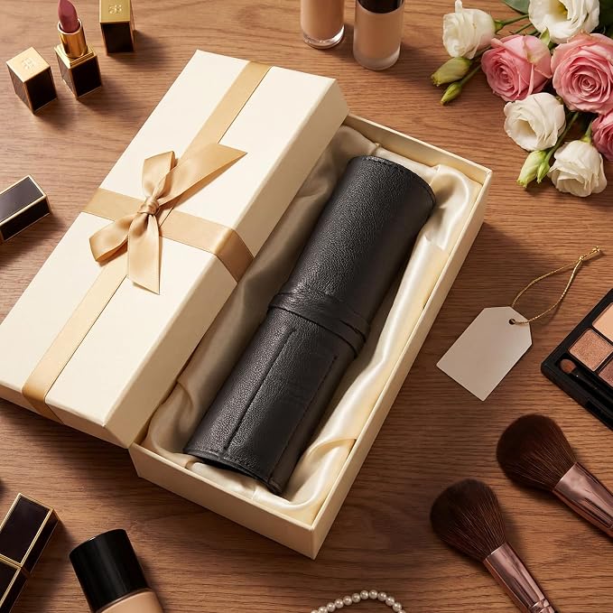 Kacctyen Black Leather Makeup Brush Roll, Full Grain Leather Organizer with 8 Brush Slots, Travel-friendly Cosmetic Tool Holder for Makeup Artists & Beauty Enthusiasts