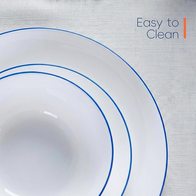 Dinnerware Sets for 4, 12 Piece Navy Blue Rim Opal Glass Set | Plates and bowls with dishwasher and microwave safe design, chip and scratch resistant dishware for stylish dining
