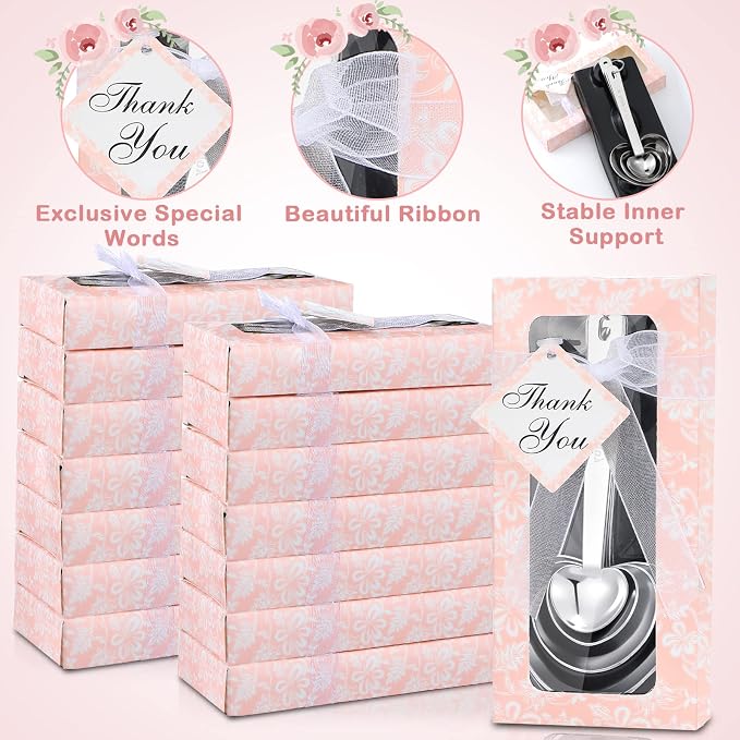 Yinder 50 Sets Heart Measuring Spoons Wedding Favors for Guests with Gift Box and Thank You Card, Bridal Shower Favors Bulk, Kitchen Measuring Spoon Gift Set for Party Souvenirs(Pink)