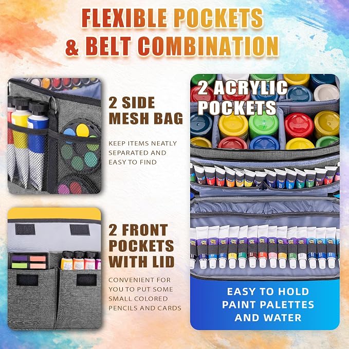 JJRING Versatile Acrylic Paint Organizer Bag With Adjustable Dividers For Multi-Size Bottles, Art Supply Storage Case Features 12-Slot Brush Holder & Clear Zipper Pocket, Travel Craft Tote(Grey)