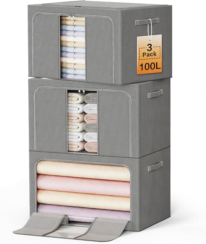 Clothes Storage Bins with Metal Frame, Foldable Clothes Organizers Storage Containers for Clothes, Sheets, Blankets, Pillows and Towels (100L, 3 Pack, Deep Grey)