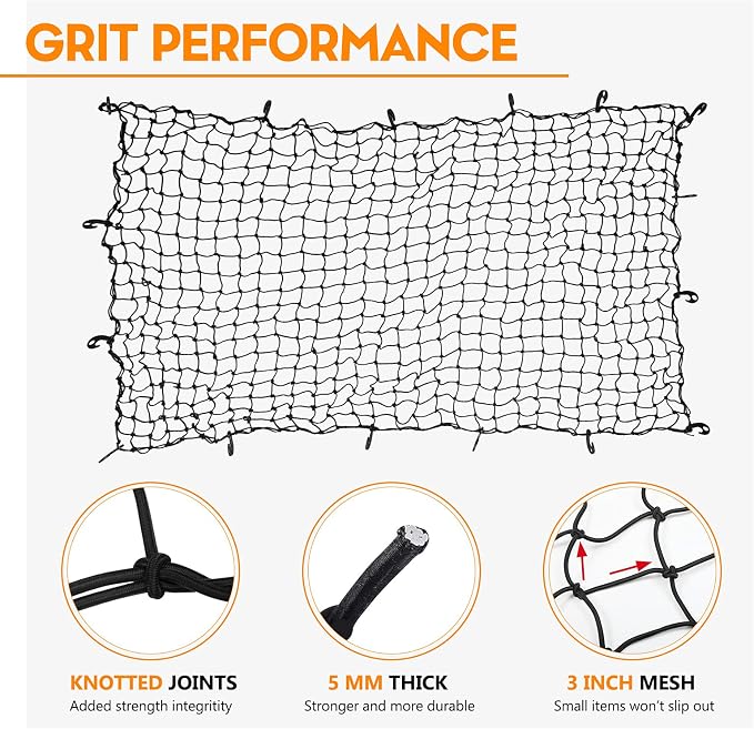 7' x 5' Heavy Duty Bungee Cord Cargo Net Stretches to 14' x 10'-Latex Truck Bed Mesh with 12Pcs Free Adjustable Hooks for Secure Carrying on Roof Luggage Rack,Cargo Carrier and Pickup Truck Bed