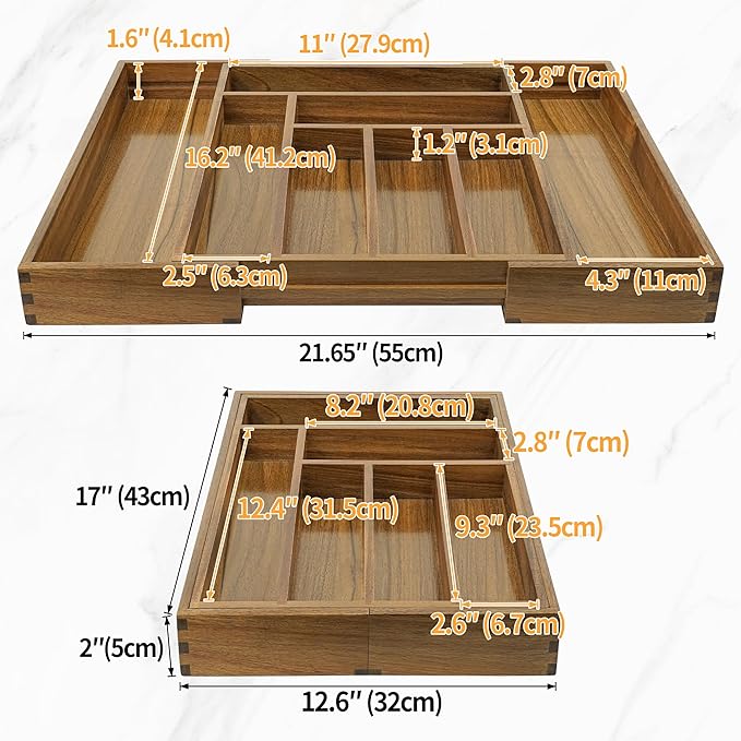 Luxury Acacia Kitchen Drawer Organizer - Silverware Organizer - Utensil Holder and Cutlery Tray with Grooved Drawer Dividers for Flatware and Kitchen Utensils (8 Slot), 17*12.4*2 inch