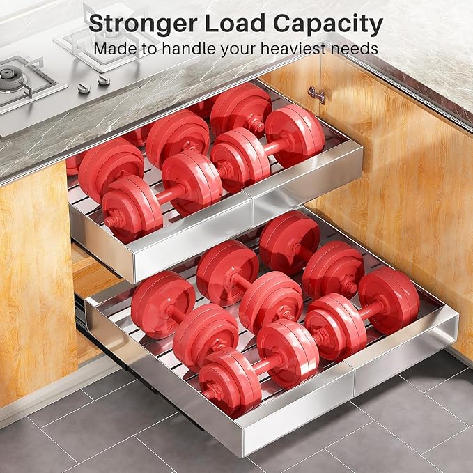 Pull out Cabinet Organizer, Stainless Steel Expandable(12"-20") Heavy Duty Slide out Drawers Fixed with Adhesive Nano Film for Pots, Roll out Shelf Storage for Kitchen Base(Silver-2pcs)(3 Rails)