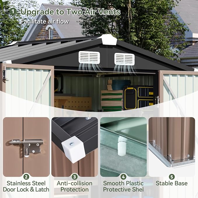 Aoxun 6'x4' Outdoor Storage Shed with Base, Brown | Metal Shed with Lockable Doors & Slooping Roof Garden Tool Shed for Backyard, Patio, Poolside