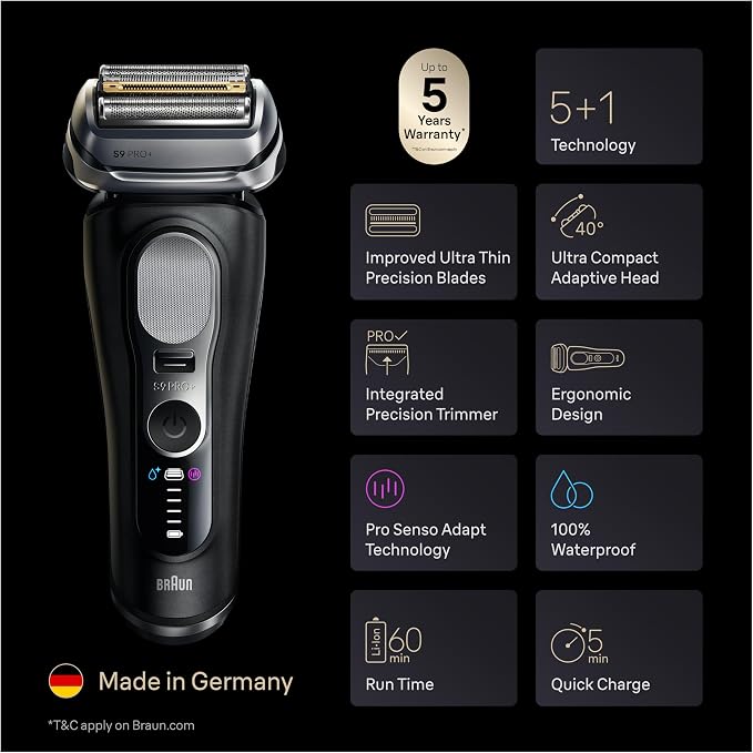 Braun Series 9 PRO+ Electric Shaver for Men, Wet & Dry Foil Razor, 6-in-1 SmartCare Center, Built-in Precision ProTrimmer, Replacement Head, Travel Case, Black 9660CCPS