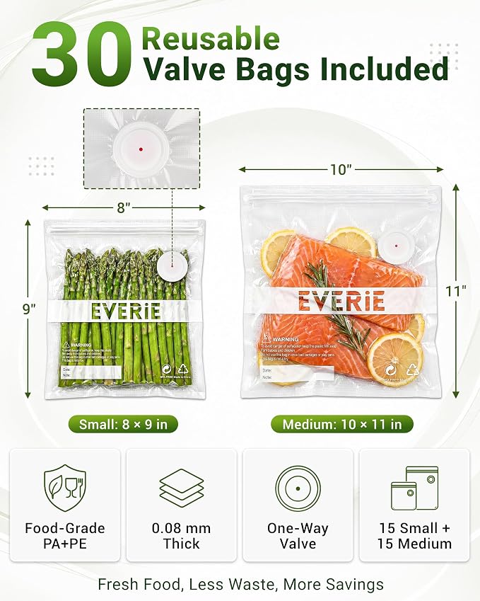 EVERIE HS100 Handheld Vacuum Sealer for Food, Rechargeable Portable Mini Sealer with 30 Reusable Valve Bags(15S+15M), for Meal Prep, Fridge, Freezer & Sous Vide Cooking