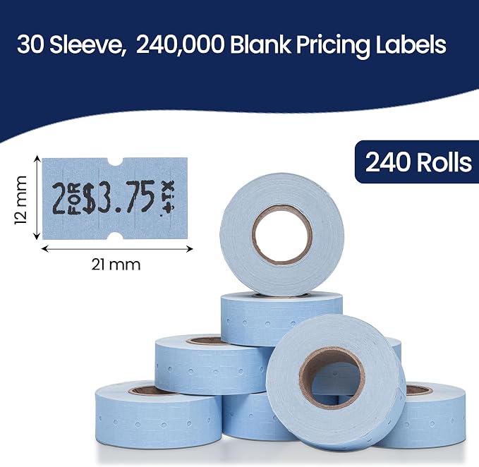 Perco 1 Line Blue Labels - 240,000 Blank Pricing Labels for Perco Lite, X, Plus and Pro 1 Line Price and Date Guns - 240 Rolls, Case of 30 Sleeves - Made in USA