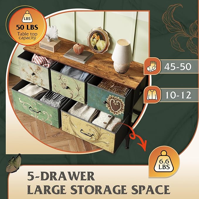 WLIVE Wide Dresser for Bedroom, 5 Drawer Chest of Drawers, Floral | 5 roomy fabric drawers, Wide storage design, Bedroom or closet use, Sturdy steel frame, Smooth wood tabletop