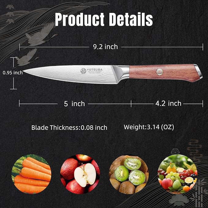 YOTSUBA 5 Inch Kitchen Utility Knife, Japanese Petty Knife – Ergonomic Rosewood Handle, Full Tang, Razor Sharp High Carbon German Steel Paring Knives, Premium Gift