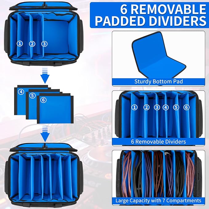 IBVIVIC Cable File Bag With Adjustable Dividers Dj Gig Bag for Cables, Cords,DJ Gear,Sound Instrument and Accessories 16L x 11W x 12H inch, Blue