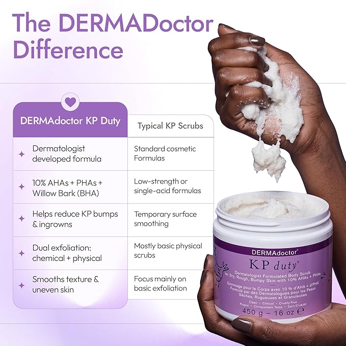 DERMAdoctor KP Bump Eraser Body Scrub with 10% AHAs + PHAs for Keratosis Pilaris, Dry, Rough, and Bumpy Skin, Dermatologist Formulated Exfoliating Body Scrub with Glycolic and Lactic acids - 16 Fl oz
