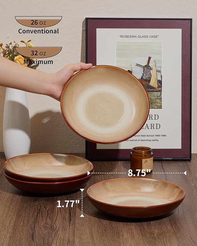 Pokini 16 Piece Double Bowl Plates and Bowls Sets, Ceramic Dinnerware Sets with Pasta Bowls, Dishwasher & Microwave Safe Dish Set, Scratch Resistant Stoneware Plate Set, Service for 4 Brown Yellow